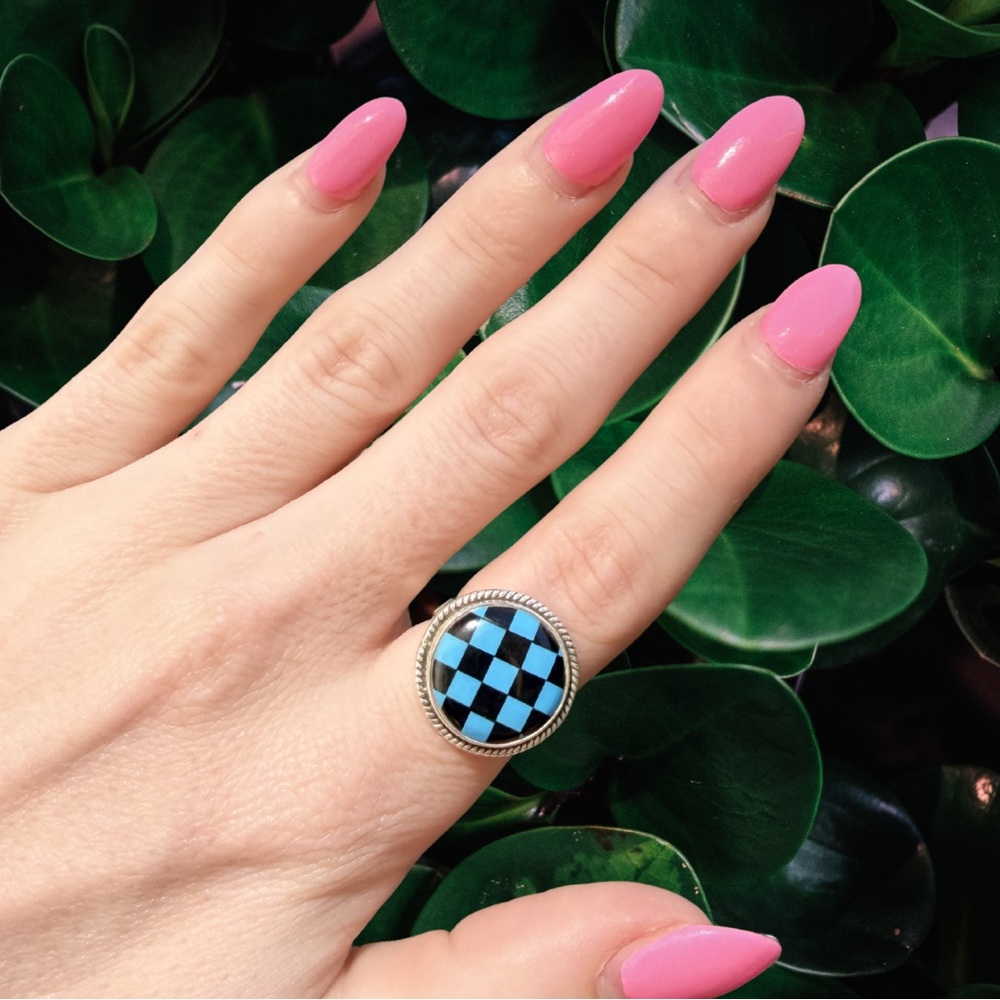 Turquoise & Onyx Checkered Ring | 925 Sterling Silver | Size 6